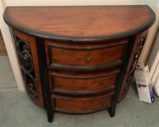 #27	Half-Round Chest w/3 drawers & 2 flip-out doors w/metal insets on Sides  36x16x30	 $100.00 
