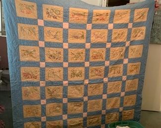 #32	Hand-embroidered Flowers Hand-made Quilt Blue/Cream (no batting inside)	 $65.00 
