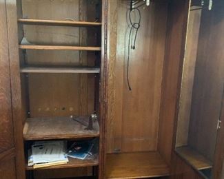 #70	Antique Wardrobe w/Shelves & Hanging Rod w/carving and flowers 46x18x70	 $125.00 
