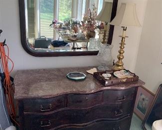 #77	Pink Marble Top 4 drawer Chest (old)  50x24x28 w/claw feet w/key  (handle needs reattaching)	 $325.00 
