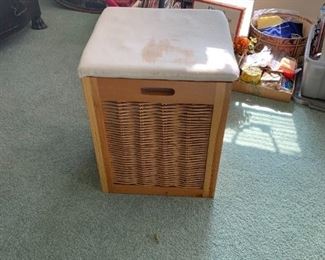 #78	(2) Wicker Hamper w/flip-up top w/Cloth Seat Top w/handle  - sold as a pair - 13.5sq x 17	$20 each $40.00 
