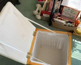 #78	(2) Wicker Hamper w/flip-up top w/Cloth Seat Top w/handle  - sold as a pair - 13.5sq x 17	 $20 each $40.00 
