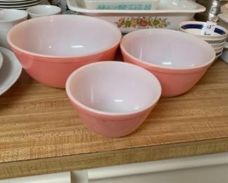 #100	Pyrex Flamingo Pink Nesting Bowls, 401,402,403 	 $100.00 
