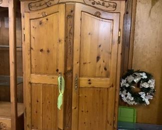 #103	Pine Carved 2 door Armoire w/2 shelves 48x24x82  (you move upstairs)	 $100.00 

