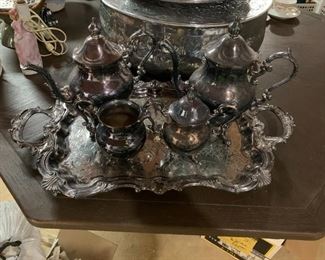 #127	Silverplate Heavy 25"Wx14"Wx2" Tray w/Coffee, Tea, Sugar and Creamer 	 $150.00 

