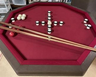 #129	Card Game Table/Bumper Pool w/8 Balls w/Cue Ball and 2 pool cues  - 50D x 30H - Slate and You Move Upstairs	 $200.00 
