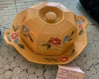 #185	Yellow Vintage Zell Germany LDBC Cake Plate & Lid Basketweave w/floral	 $125.00 
