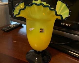 #255	Blenko Tulip Ridged Yellow Vase with Cobalt Blue Stem Base	 $100.00 
