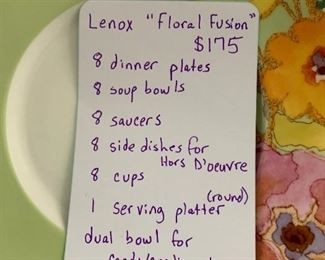 #268	Lenox Floral Fusion 8place seting with dinner plate, soup, saucer, b&B plate cups 1 serving platter round dual bowl, 1 square plater 	 $175.00 
