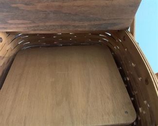 #274	longaberger rectangle basket with flip top 2 handles, plastic liner, and wood stand	 $20.00 
