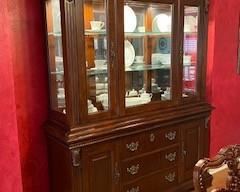 Formal Dining Room set (table that has 2 leaves, 6 wooden chairs w/ upholstered seats & 2 upholstered side chairs included that seats 8 people comfortably), China Cabinet w/ Glass, drawers & cabinet storage, w/ felt-lined drawer for silverware.