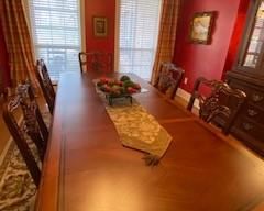 Formal Dining Room set (table that has 2 leaves, 6 wooden chairs w/ upholstered seats & 2 upholstered side chairs included that seats 8 people comfortably)