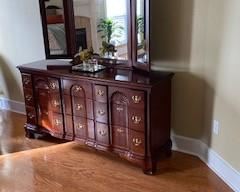 Triple Dresser w/ 9 drawers, Cherry Wood, Bi-fold mirror. (34" H x 60" W x 18" D) - SolidWood.