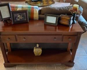 Dark brown finish sofa table with Drawer & Bottom shelf.