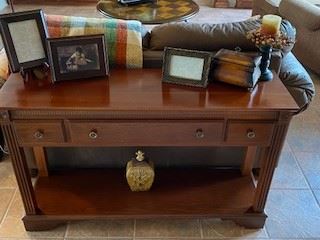 Dark brown finish sofa table with Drawer & Bottom shelf.