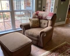 Reclining Club Chair w/ matching ottoman (Brownish fabric w/ small check design - very comfortable.