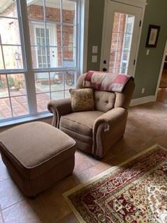 Reclining Club Chair w/ matching ottoman (Brownish fabric w/ small check design - very comfortable.