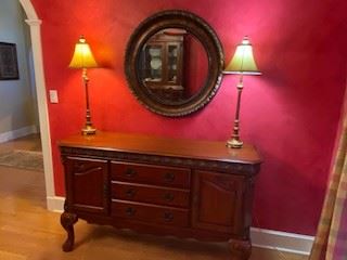 Dining Room Sideboard w/ 2 Buffet Lamps & round mirror - lovely piece & lots of storage for platters & holiday dishes. Drawers are all felt lined.