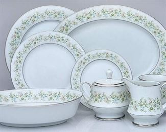 Noritake Savannah China Pattern  - 10 place settings include dinner plates, bread & butter plate, salad plate & cup & saucer.  Also included is the 5-piece completer set of a vegetable bowl, serving platter & cream & sugar containers. Has only been used 5 or 6 times & is beautiful set & in perfect condition.