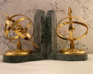Brass Armillary Sphere Green Marble Bookends
