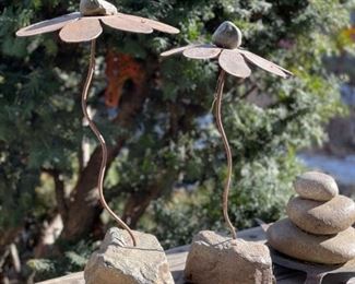 Metal Plant Sculptures with Rock Bases