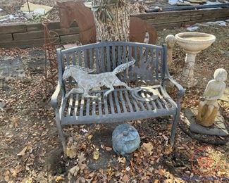 Outdoor Metal Bench and Misc Yard Art