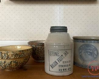 Union RED WING Mason Fruit Jar, HEINZ Pickle Crock, and RED WING Spongeware Bowls