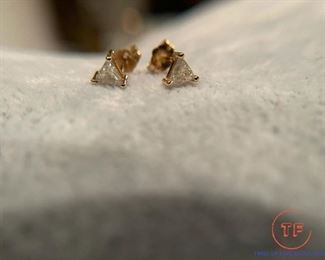 14k Yellow Gold Trillion Cut Diamond Earrings 
