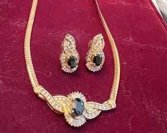 14kt gold sapphire and diamond necklace with matching earrings
