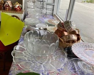 Glass platters and bowls (more in the other room), jello molds, pie holders