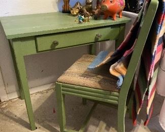 small green desk with chair