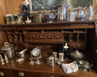roll top desk and silver plate