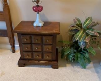 Cherry night stand, king head board, and dresser with mirror.