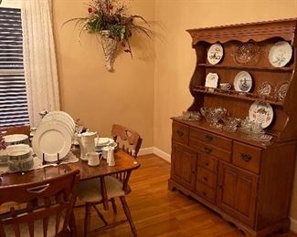 mid century table and chairs, white chine with silver rims 