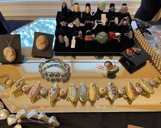 Hand painted choker, hand painted bracelet, crystal earrings, 10 Kt gold cameos, gold rings and costume