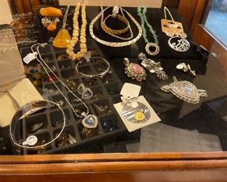 Serling silver, amber, a few coins, and antique ivory or bone necklace