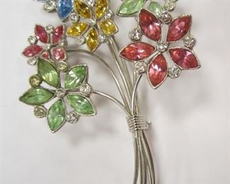 A VINTAGE WIRE FLORAL PIN SET WITH MARQUISE CUT COLORED RHINESTONES.  3.25" TALL. SIGNED ORA.  NICE HEAVY WEIGHT