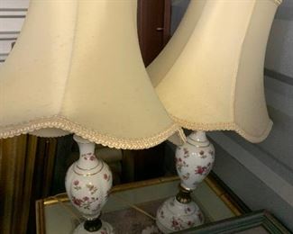 Set of Antique porcelain lamps with shades custom-made by Roseart on 5th Avenue. New York. New York