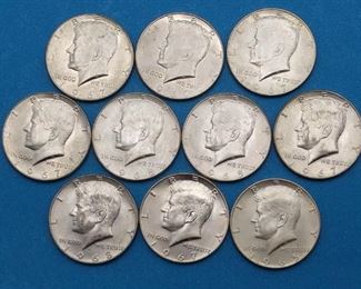 10 Uncirculated Kennedy Half Dollars, 40% Silver, Mixed Dates