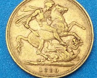 Rare 1880 British Gold Sovereign Coin--Queen Victoria-Young Head