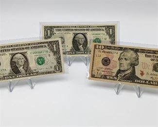 Identical Trio Fancy Serial $1, $1, $10 Bills - Six "6's" 66666617