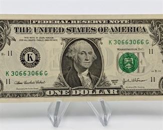 Repeater Note Fancy Serial Number $1 Bill - 30663066