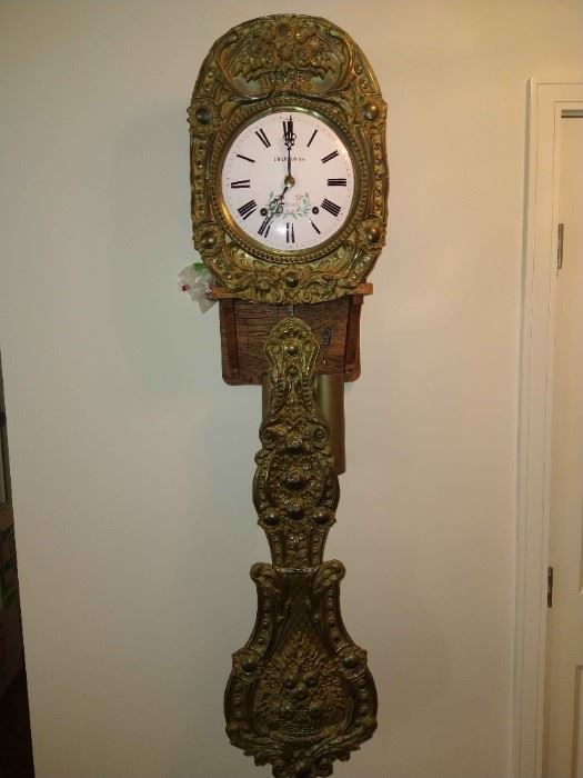 19th Century French Repousse Brass Comtoise Wall Clock from Normandy