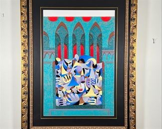ANATOLE KRASNYANSKY SERIGRAPH | Serigraph in color on wove paper by contemporary American-Ukranian artist Anatole Krasnyansky (b. 1920), "Teal & Gold with Red Arches" from an edition of 450; framed, overall 53 x 40 in. [sheet is sliding down in frame]