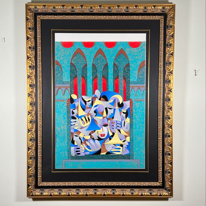 ANATOLE KRASNYANSKY SERIGRAPH | Serigraph in color on wove paper by contemporary American-Ukranian artist Anatole Krasnyansky (b. 1920), "Teal & Gold with Red Arches" from an edition of 450; framed, overall 53 x 40 in. [sheet is sliding down in frame]