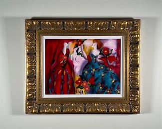 SERIGRAPH on CANVAS | "Parc Monceau" by Linda Le Kinff (b. 1949), showing two female figures in flowery dresses, with bold colors; serigraph art print with hand embellishment on canvas, in a gilt carved frame; signed Le Kinff, ed. 118/150; canvas 13-1/2 x 18 in., overall 22 x 26-1/2 in. (frame)