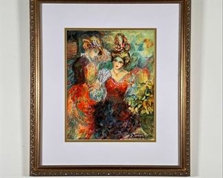 MIXED MEDIA PRINT | Hand-embellished serigraph depicting two women in a colorful impressionist scene; ed. 305/400 and signed "S Francis"; matted and framed; overall 22 x 19 in.