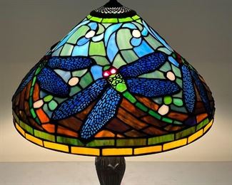 STAINED GLASS LAMP | Table lamp with a Tiffany style stained glass lampshade with dragonfly motifs and metal base; h. 24 x dia. 16-1/2 in.