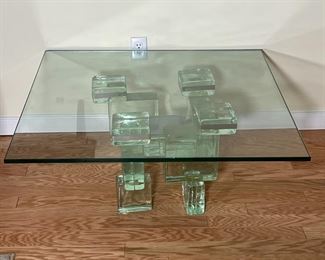 CUBIC ART COFFEE TABLE | Modern style architectonic low table having a square glass top on a stacked glass cube base; h. 16 x 36 x 36 in.