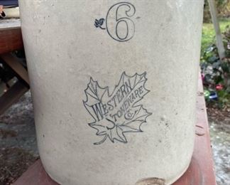 Vintage Western Stoneware Co. 6 Gallon Crock Pot Planter Blue Leaf Logo